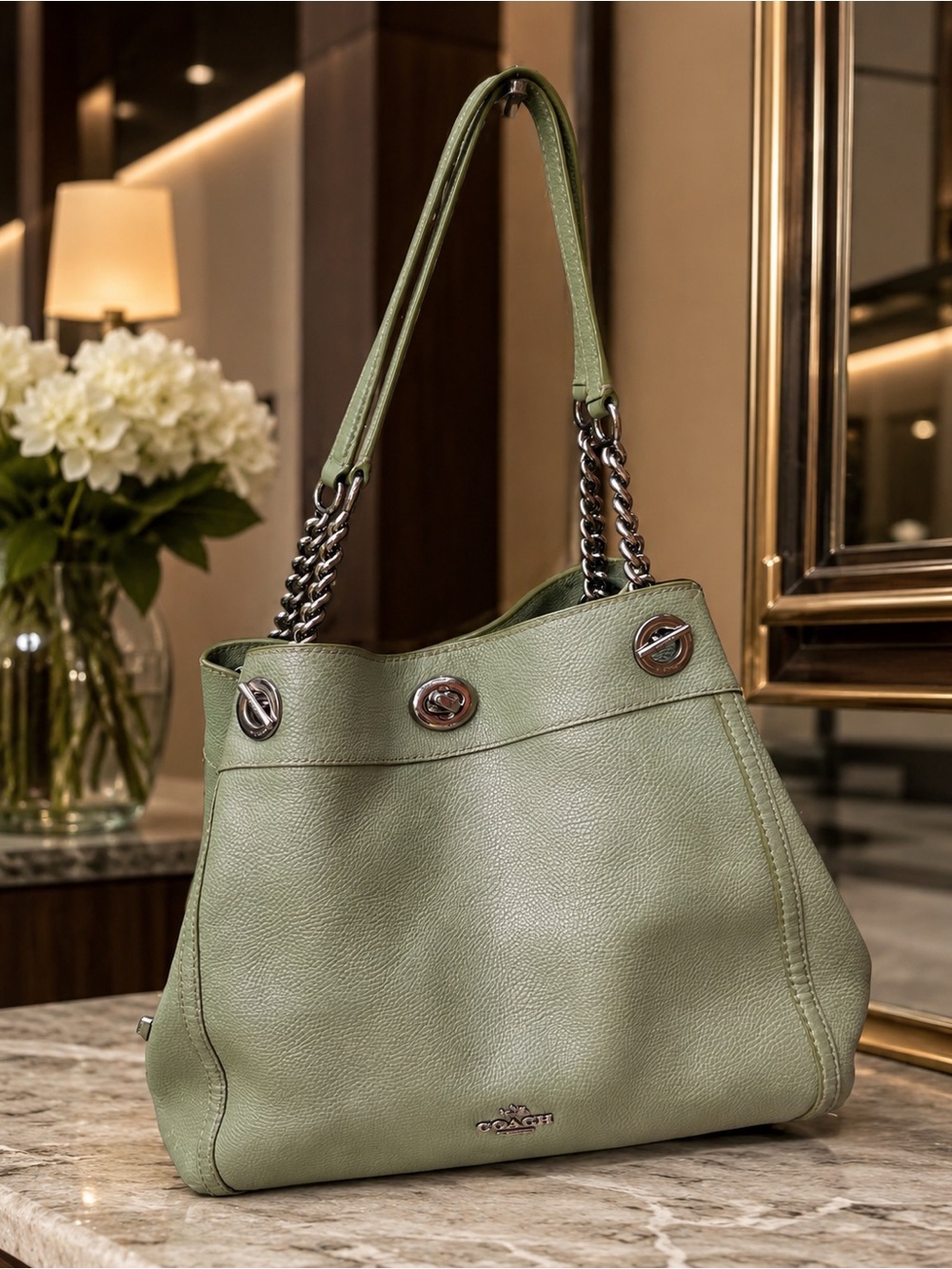 Coach Edie Pebble Leather Shoulder Bag – Green Turnlock Closure Purse Supple